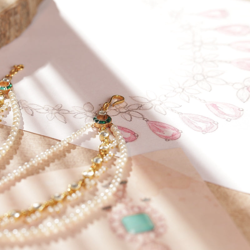 White and Green Colour Gold Plated Jadau Kundan Kanchain