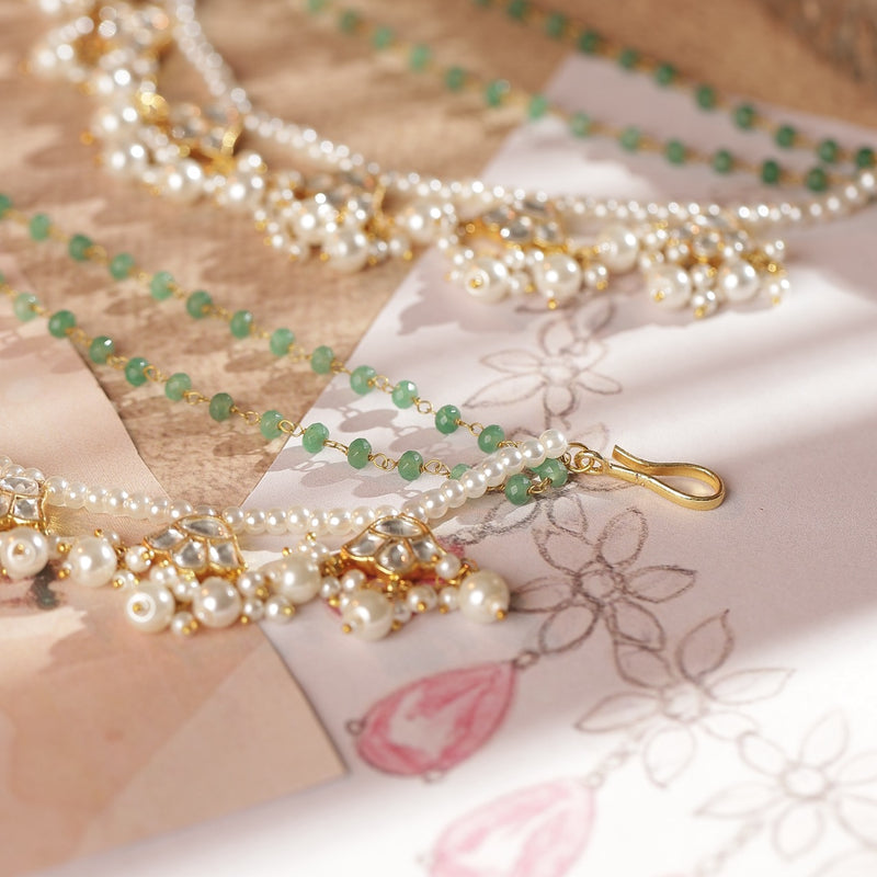 White and Mint Green Colour Gold Plated Jadau Kundan Kanchain