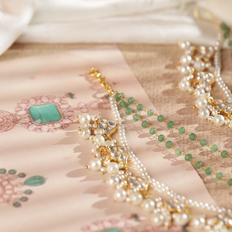 White and Mint Green Colour Gold Plated Jadau Kundan Kanchain