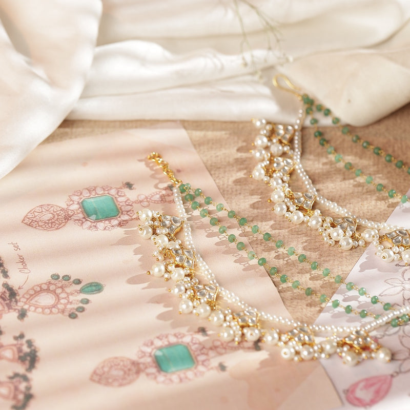 White and Mint Green Colour Gold Plated Jadau Kundan Kanchain