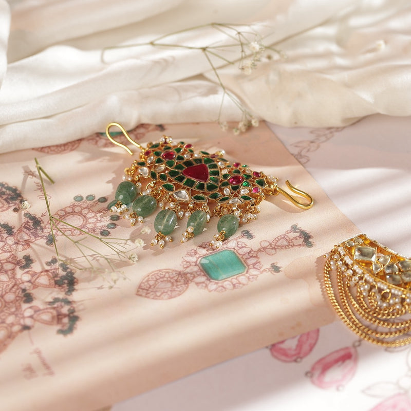 Multi Colour Gold Plated Jadau Kundan Juda Pin