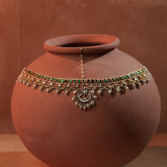 Green and White Colour Gold Plated Jadau Kundan Mathapatti