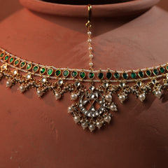 Green and White Colour Gold Plated Jadau Kundan Mathapatti