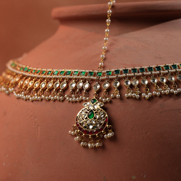 Multi Colour Gold Plated Jadau Kundan Mathapatti