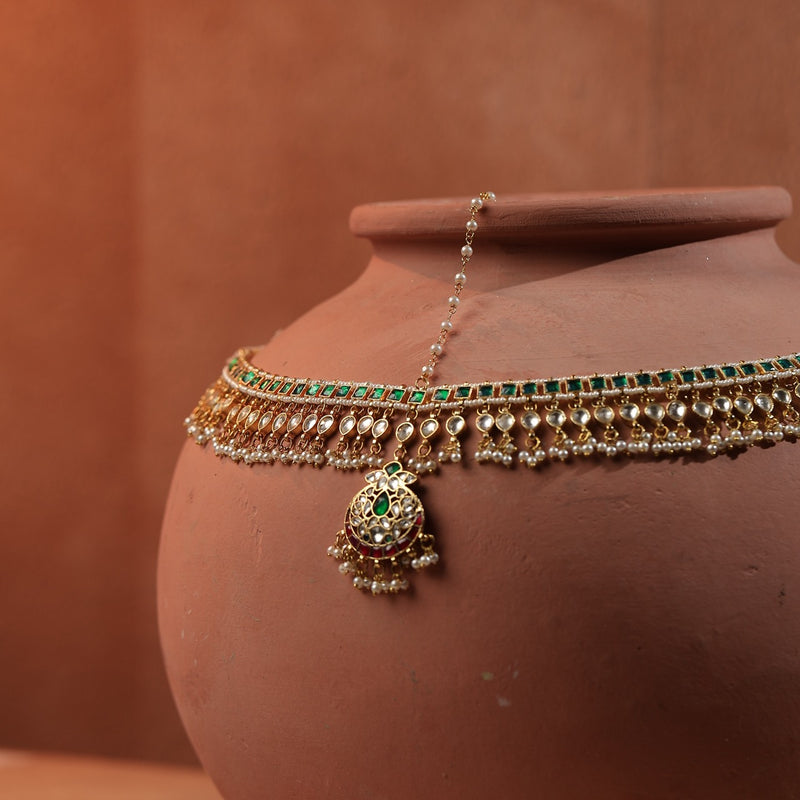 Multi Colour Gold Plated Jadau Kundan Mathapatti