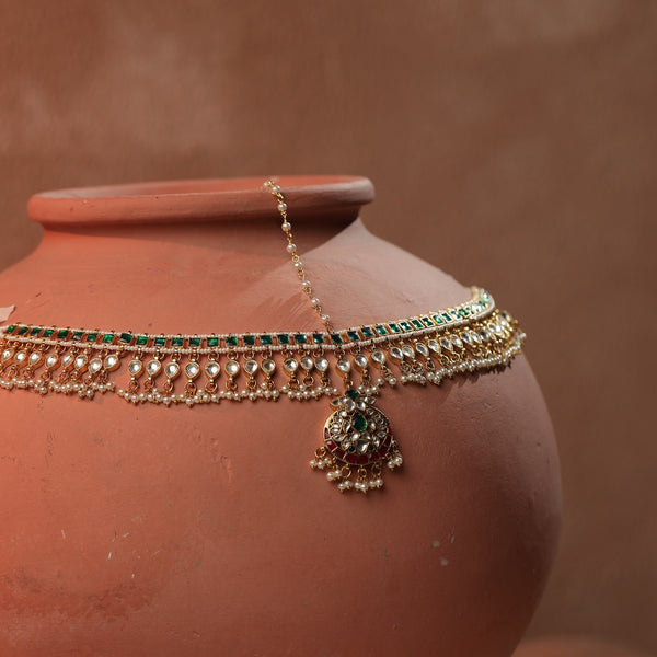 Multi Colour Gold Plated Jadau Kundan Mathapatti