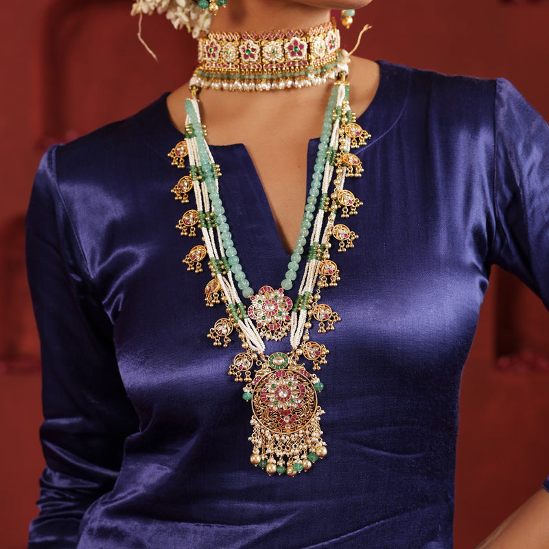 MDN652- Multi Colour Gold Plated Jadau Kundan Heritage Long Pendant Set