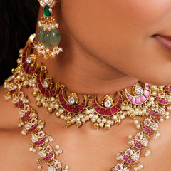 MDN943- White and Pink Colour Gold Plated Jadau Kundan Choker Set