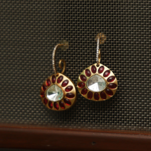 MDE798- Ruby Colour Gold Plated Faux Polki Double Sided Dangler Earrings