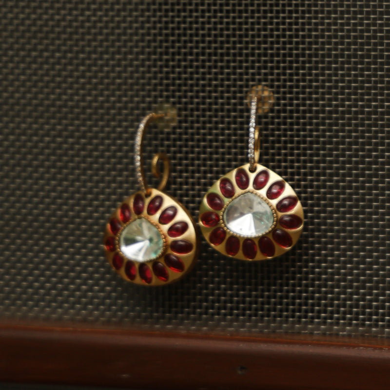 MDE798- Ruby Colour Gold Plated Faux Polki Double Sided Dangler Earrings