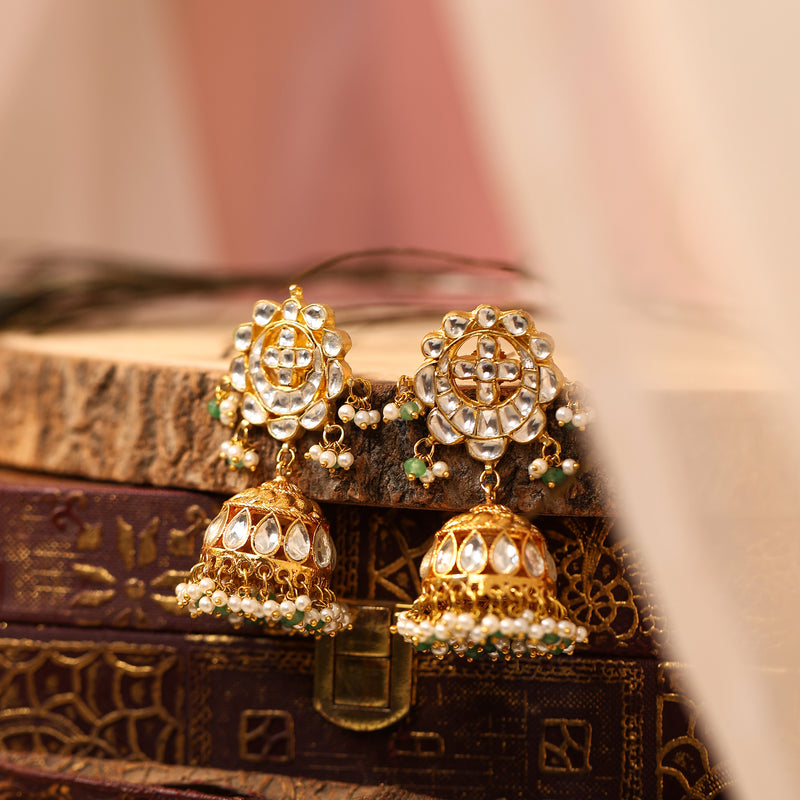 MDE778- White Colour Gold Plated Jadau Kundan Jhumki
