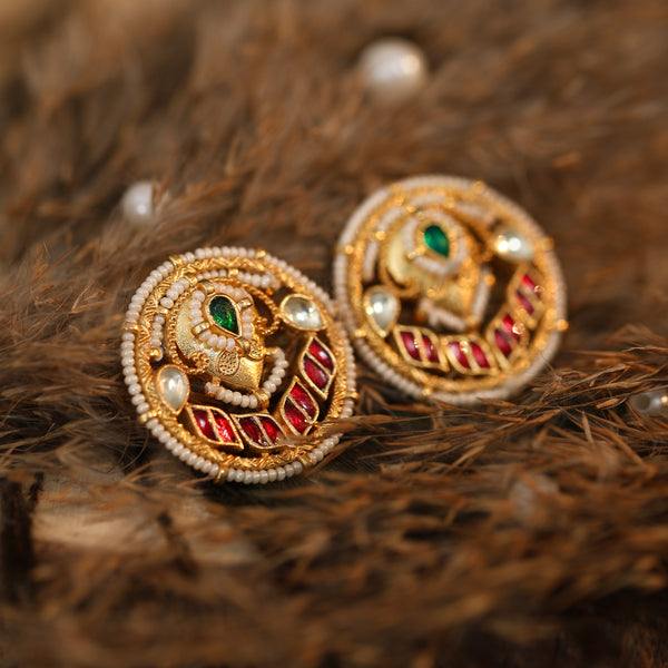 MDE780- Multicolour Gold Plated Jadau Kundan Heritage Studs Earrings