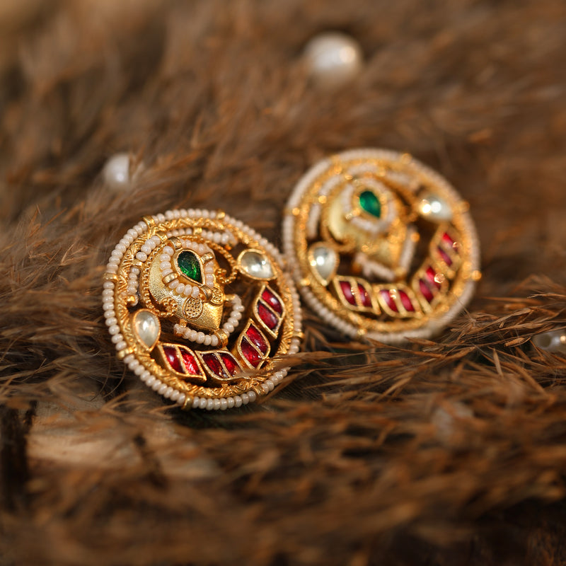 MDE780- Multicolour Gold Plated Jadau Kundan Heritage Studs Earrings
