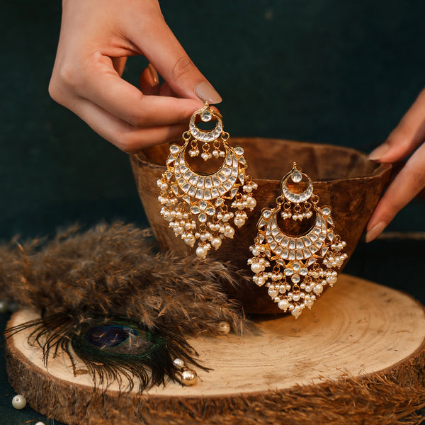MDE300- White Colour Gold Plated Jadau Kundan Chandbali Earrings