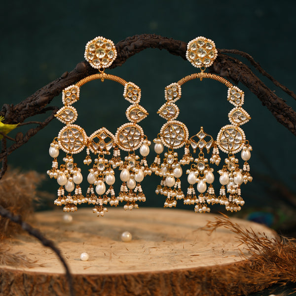 MDE039- White Colour Gold Plated Jadau Kundan Chandbali Earrings