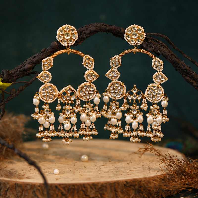 MDE039- White Colour Gold Plated Jadau Kundan Chandbali Earrings