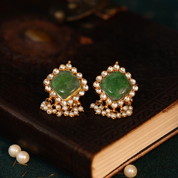 MDE790- Green & White Colour Gold Plated Jadau Kundan Studs Earrings