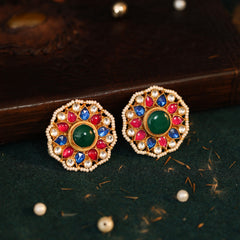 MDE795- Multicolour Gold Plated Jadau Kundan Studs Earrings