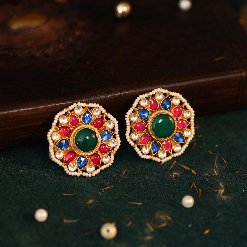 MDE795- Multicolour Gold Plated Jadau Kundan Studs Earrings