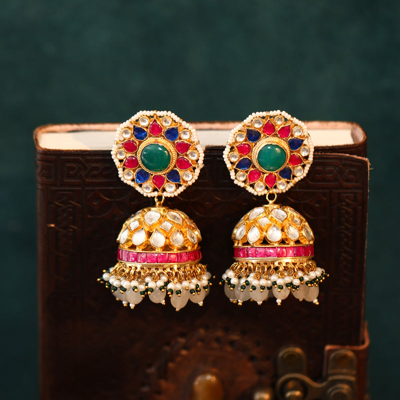 MDE420- Multicolor Gold Plated Jadau Kundan Jhumki