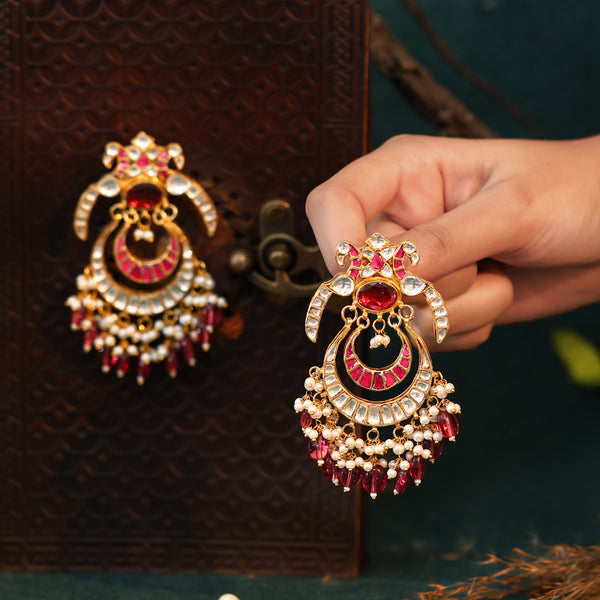 MDE124- Pink and White Colour Gold Plated Jadau Kundan Chandbali Earrings