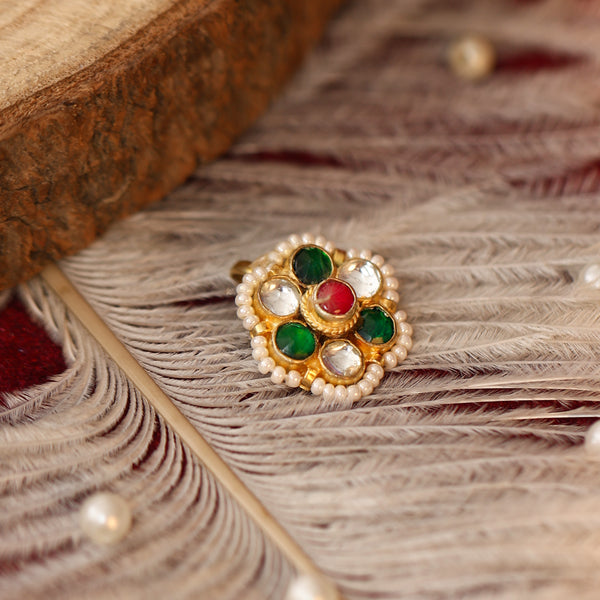 MDNA247- Multi Colour Gold Plated Jadau Kundan Flower Motif Nose Pin