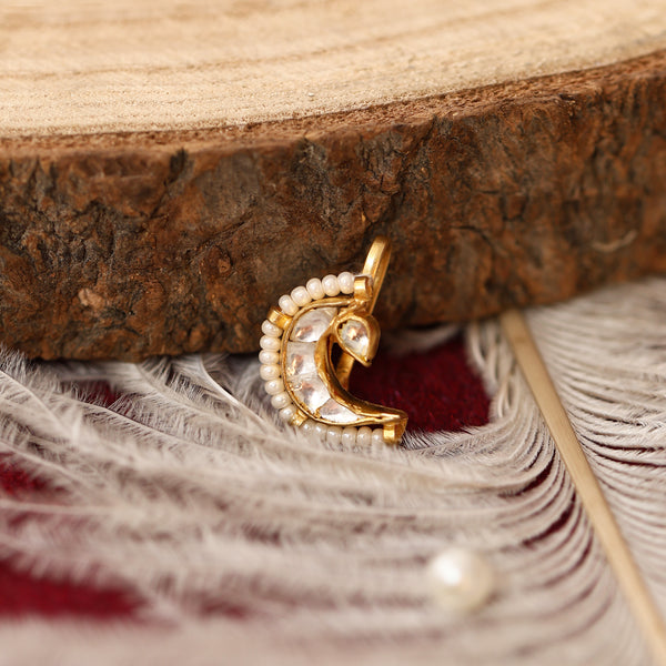 MDNA255- White Colour Gold Plated Jadau Kundan Peacock Motif Nose Pin