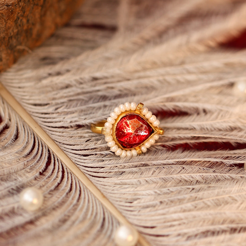 MDNA245- Red Colour Gold Plated Jadau Kundan Nose Pin