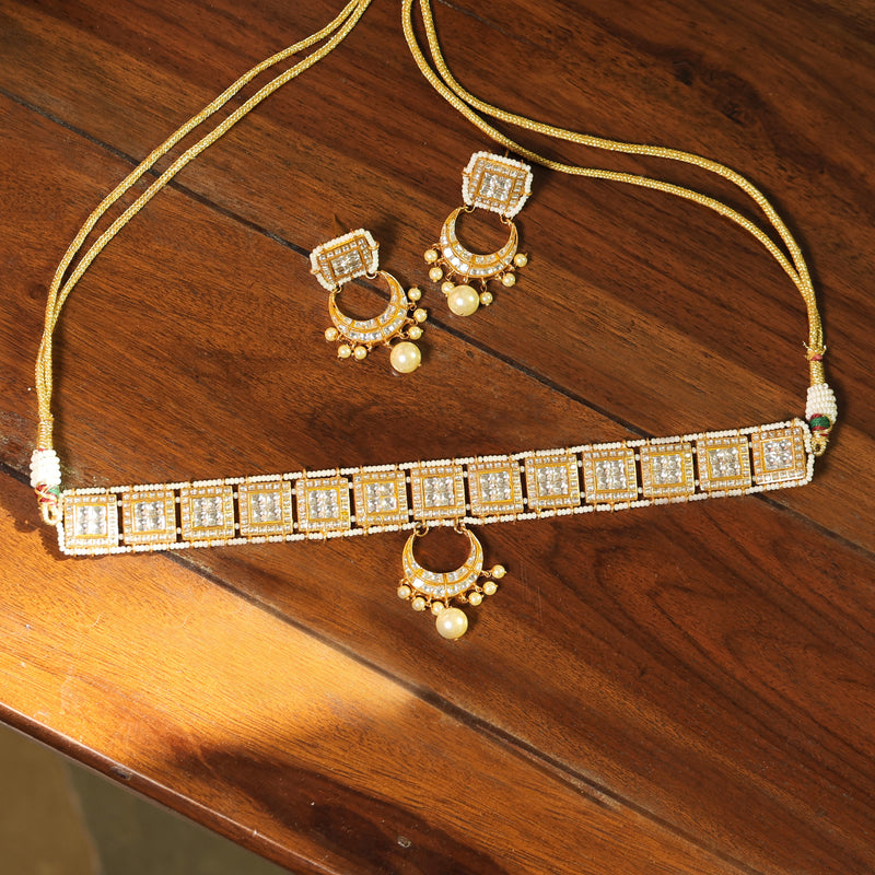MDN021- White Colour Gold Plated Thappa Jadau Kundan Choker Set