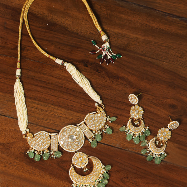 MDN252- White and Mint Colour Gold Plated Jadau Kundan Thappa Choker Set