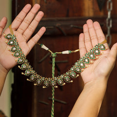 MDN196- Green Colour Gold Plated Jadau Kundan Temple Necklace Set