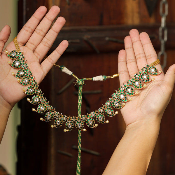 MDN196- Green Colour Gold Plated Jadau Kundan Temple Necklace Set