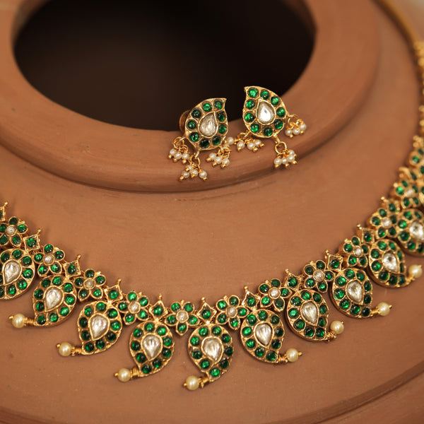 MDN196- Green Colour Gold Plated Jadau Kundan Temple Necklace Set