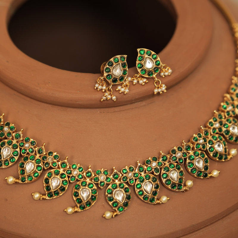 MDN196- Green Colour Gold Plated Jadau Kundan Temple Necklace Set
