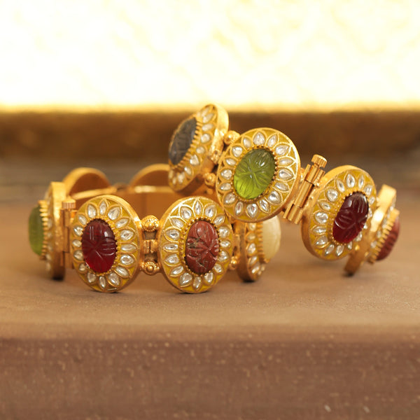 MDB355- Multi Colour Gold Plated Jadau Kundan Thappa Bangle