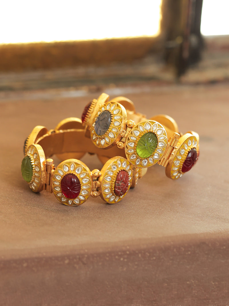 Multi Colour Gold Plated Jadau Kundan Thappa Bangle