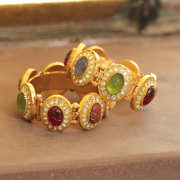 MDB355- Multi Colour Gold Plated Jadau Kundan Thappa Bangle
