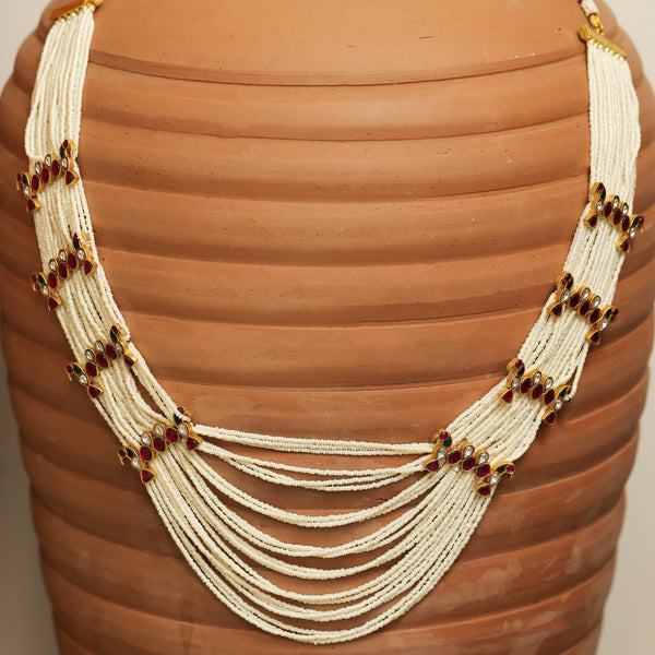 MDN186- White and Red Colour Gold Plated Jadau Kundan Temple Mala