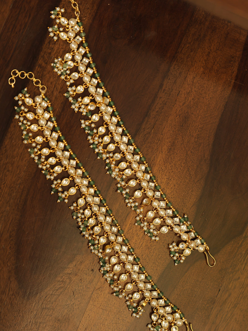 White and Green Colour Gold Plated Jadau Kundan Anklet