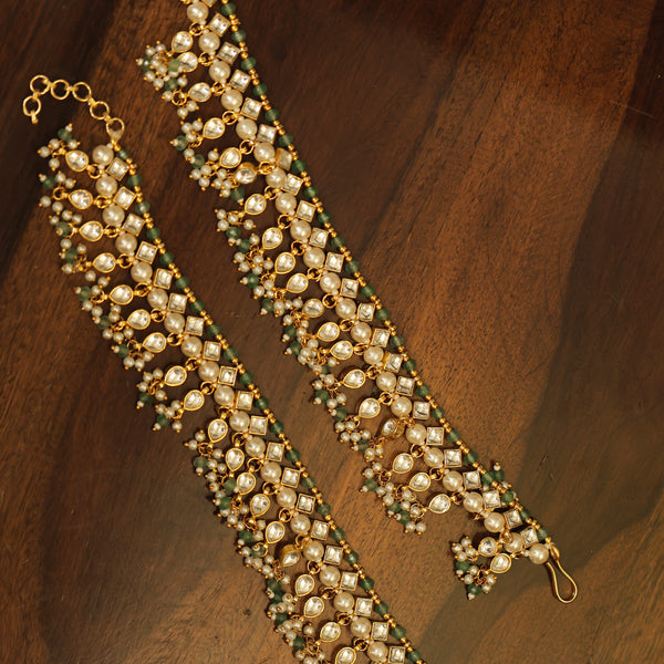 MDA343- White and Green Colour Gold Plated Jadau Kundan Anklet