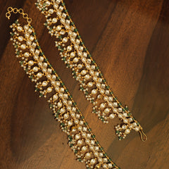 MDA343- White and Green Colour Gold Plated Jadau Kundan Anklet