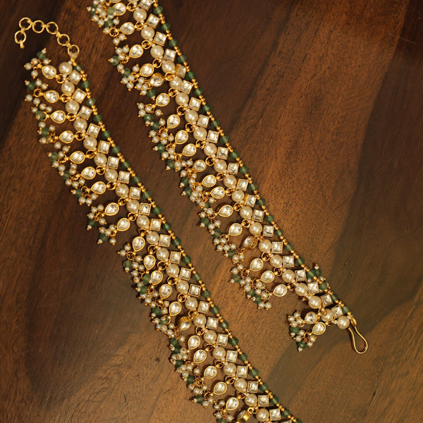 MDA343- White and Green Colour Gold Plated Jadau Kundan Anklet