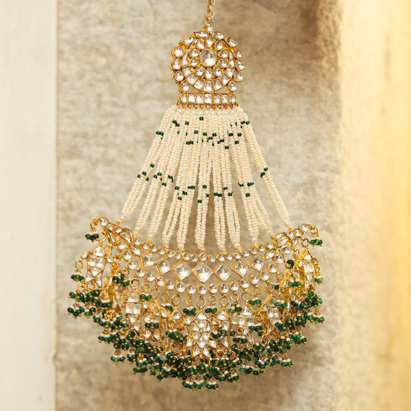 MDH344- White and Green Colour Gold Plated Jadau Kundan Passa