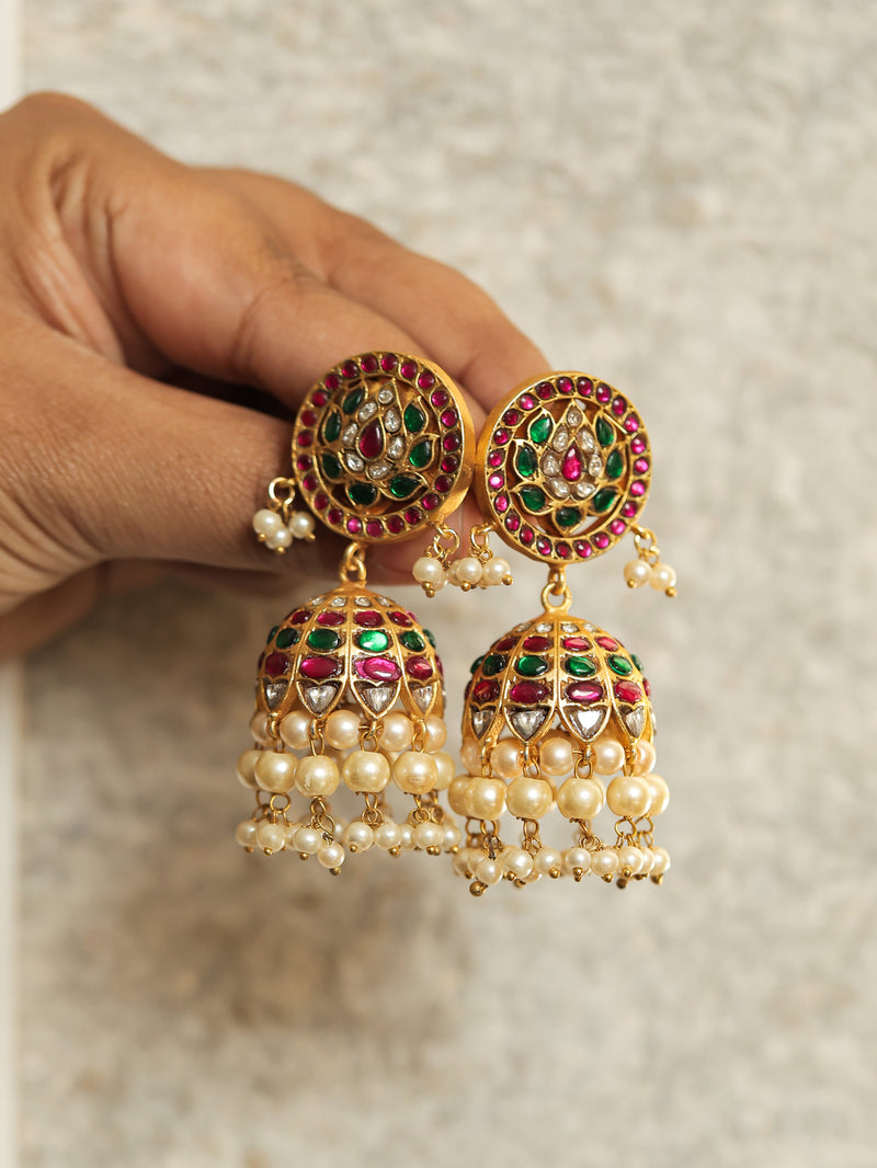 Multi Colour Gold Plated Jadau Kundan Temple Jhumki
