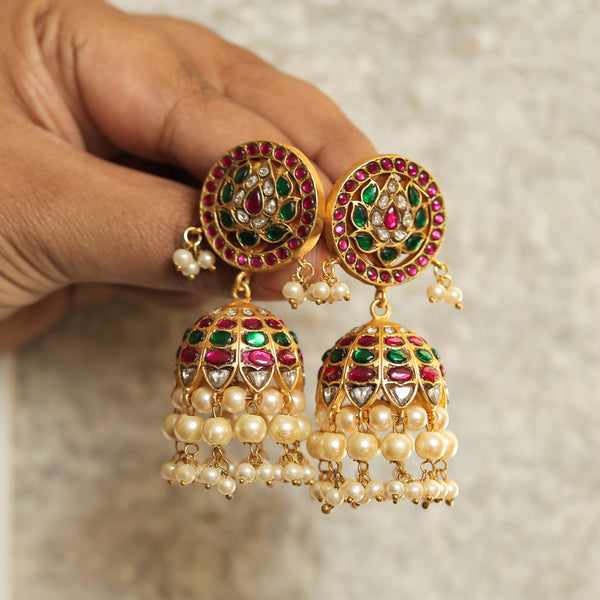 MDE213- Multi Colour Gold Plated Jadau Kundan Temple Jhumki
