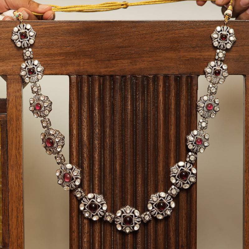 MDN075- Ruby and White Colour Gold Plated Faux Polki Long Necklace Set