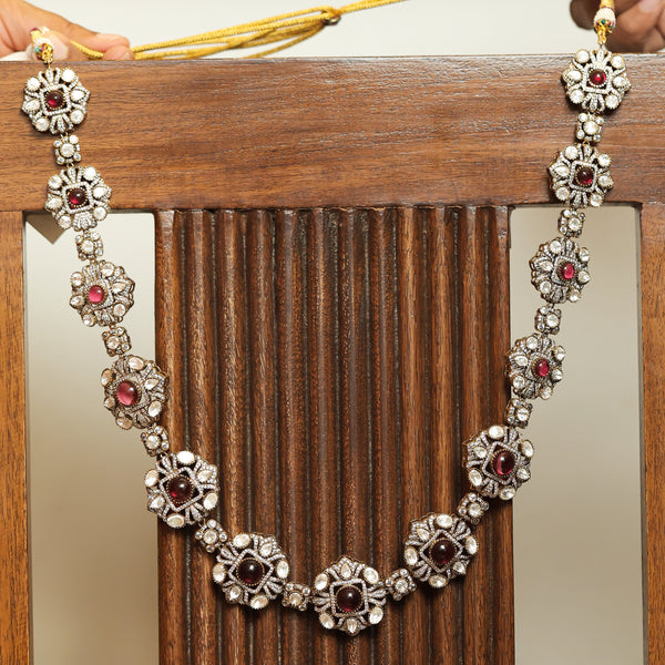 MDN075- Ruby and White Colour Gold Plated Faux Polki Long Necklace Set