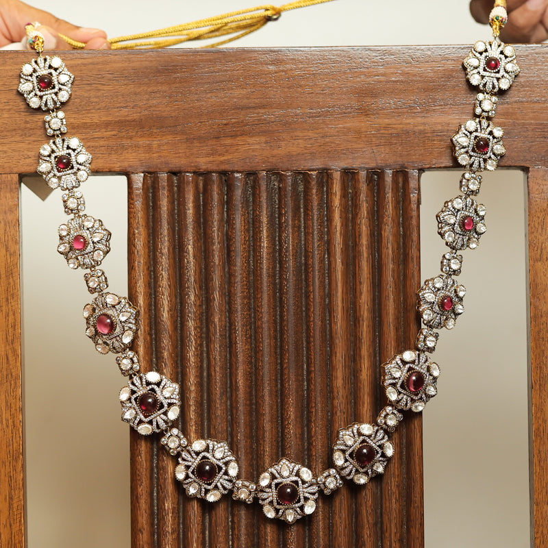 MDN075- Ruby and White Colour Gold Plated Faux Polki Long Necklace Set