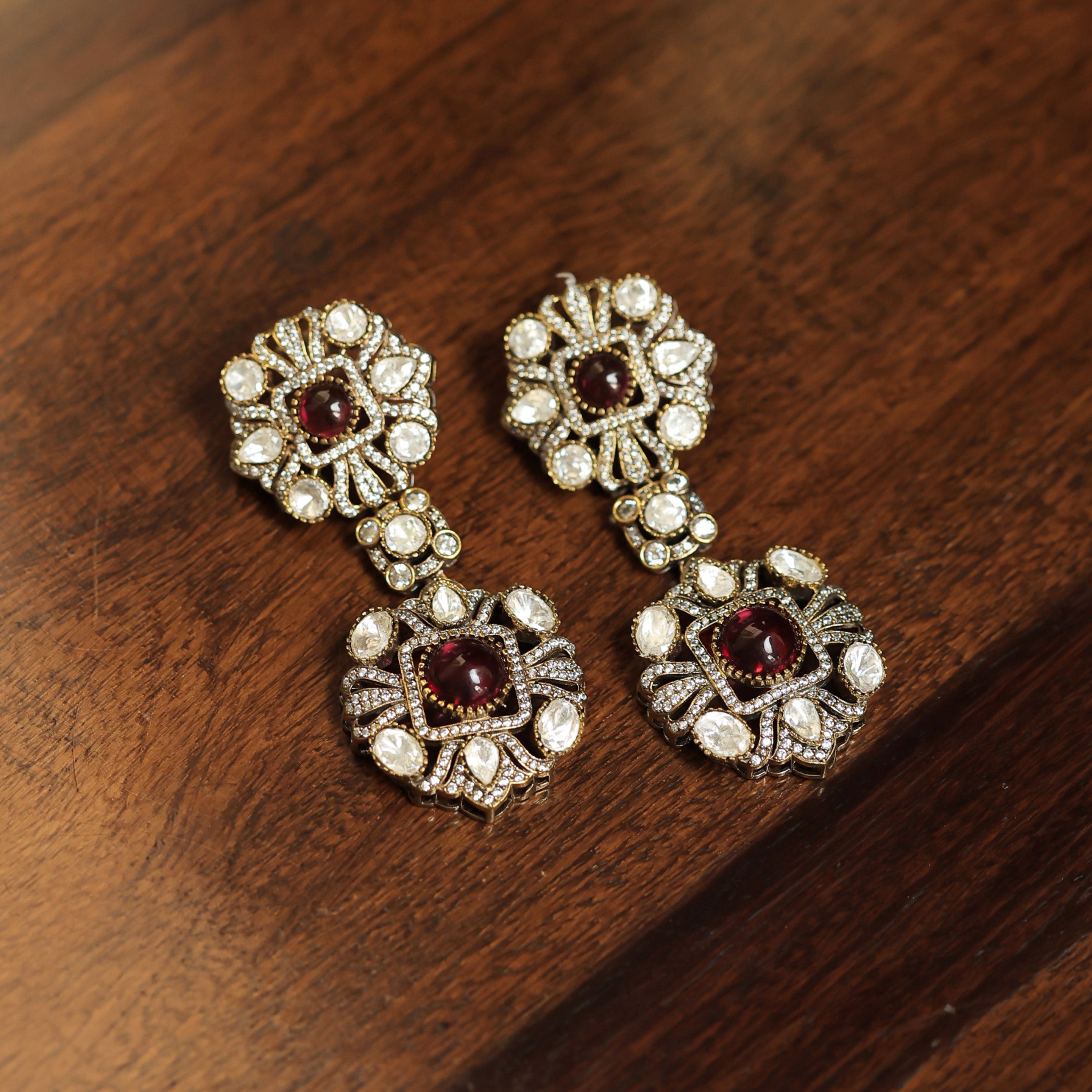MDN075- Ruby and White Colour Gold Plated Faux Polki Long Necklace Set