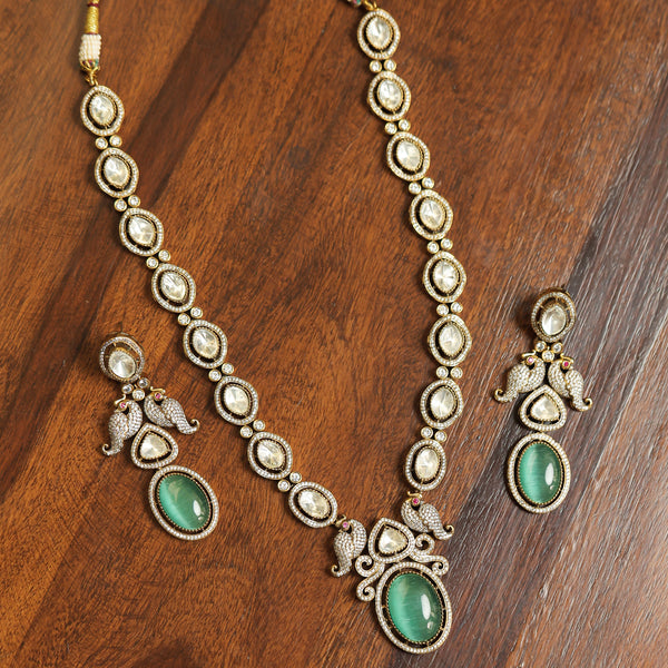 MDN350- Mint and White Colour Gold Plated Faux Polki Pendant Set